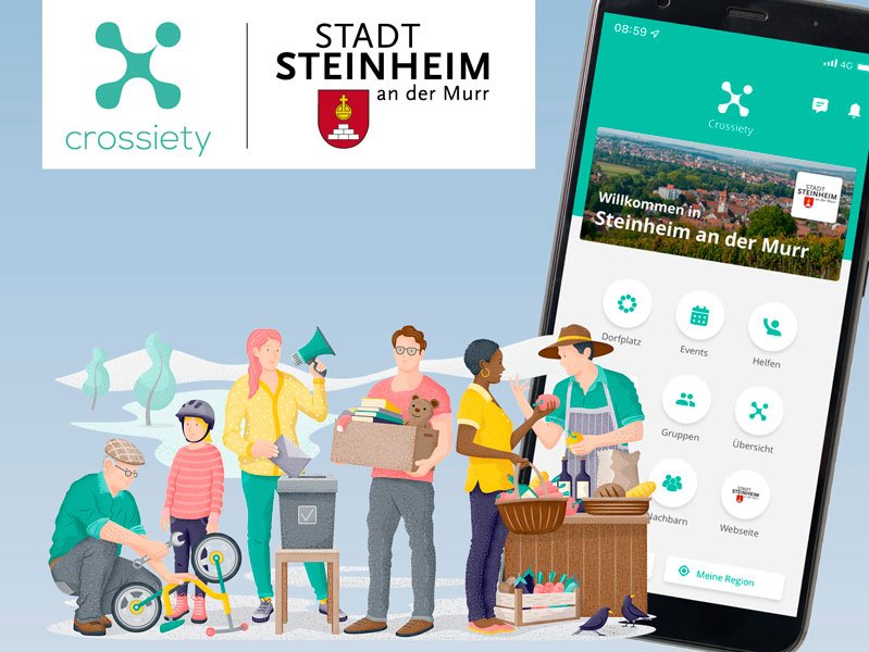 Crossiety - Der digitale Dorfplatz von Steinheim - Stimmungsbild mit Smartphone-Beispiel-Bildschirm