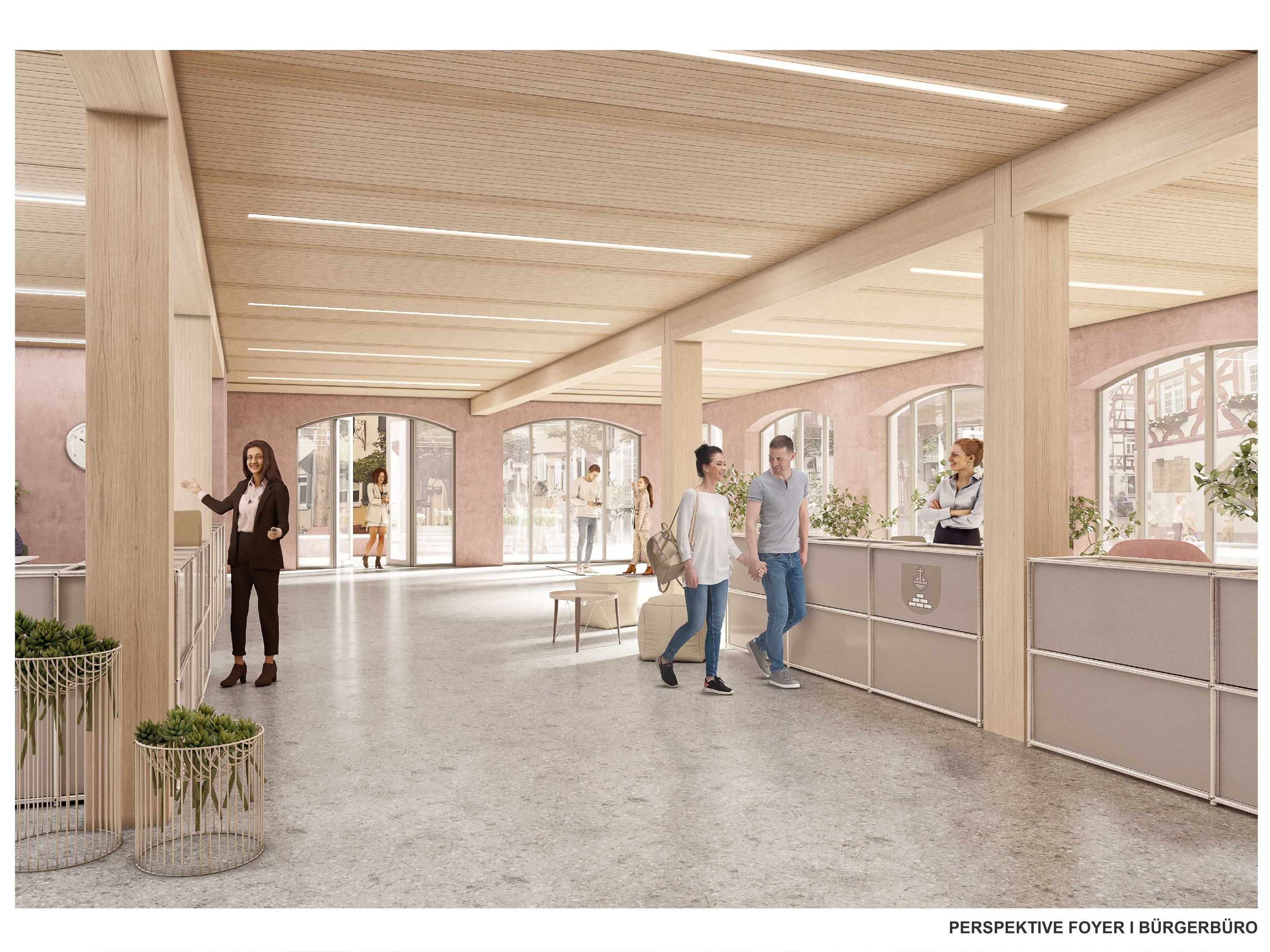 Modellbild des zukünftigen Foyer und Bürgerbüros des Rathauses
