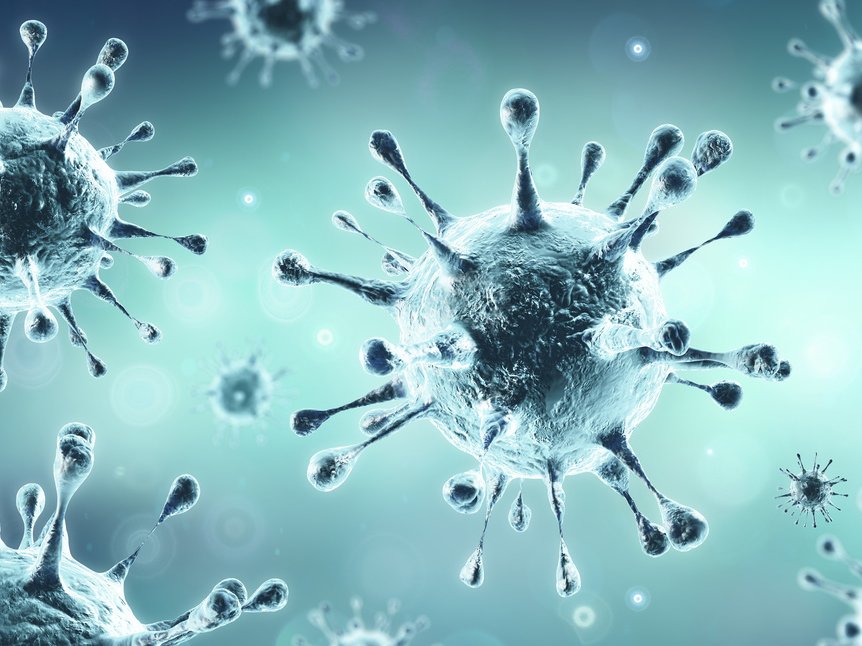 Grafik eines Corona-Virus in blau-grau