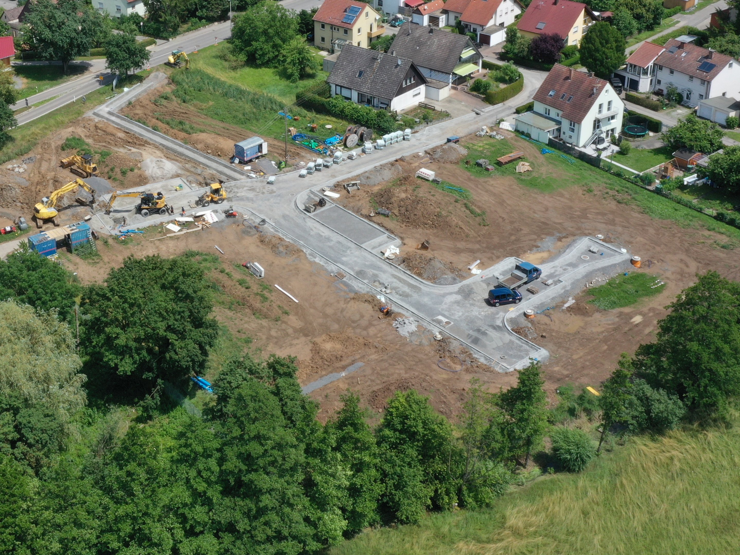 Luftbild der Baustelle Erschließung des Neubaugebietes