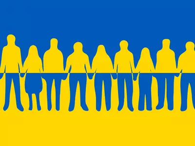 Grafik einer Menschenkette in ukrainischen Farben